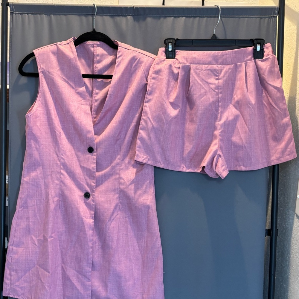 Pink Sleeveless Dress and Shorts Set